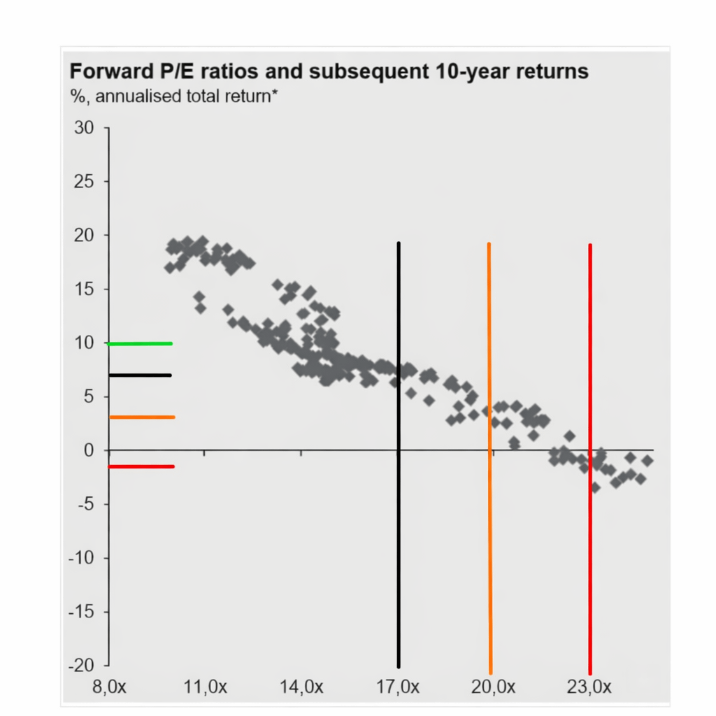 This scatterplot from J.P. Morgan illustrates the historical 10-year annual percentage returns since 1988, plotted against the S&P 500’s forward P/E ratio at the time the investment was made.